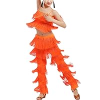 Girls 2 Piece Latin Ballroom Dance Outfits Set Tassel Camisole Fringe Pants Modern Salsa Dancewear