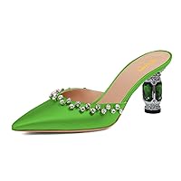 XYD Women Closed Pointed Toe Mules Crystals Studded Block Mid Heels 2.9 Inch Slip Ons Elegant Evening Shoes