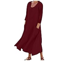 Cotton Linen Pocket Dress,3/4 Sleeve Round Neck Pleated Flowy Swing Dresses Oversized T Shirt Tunic Dress