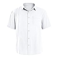 Men Cotton Linen Button Down Shirts Short Sleeve Summer Beach Tops Lightweight Casual V Neck Plain Holiday Shirt
