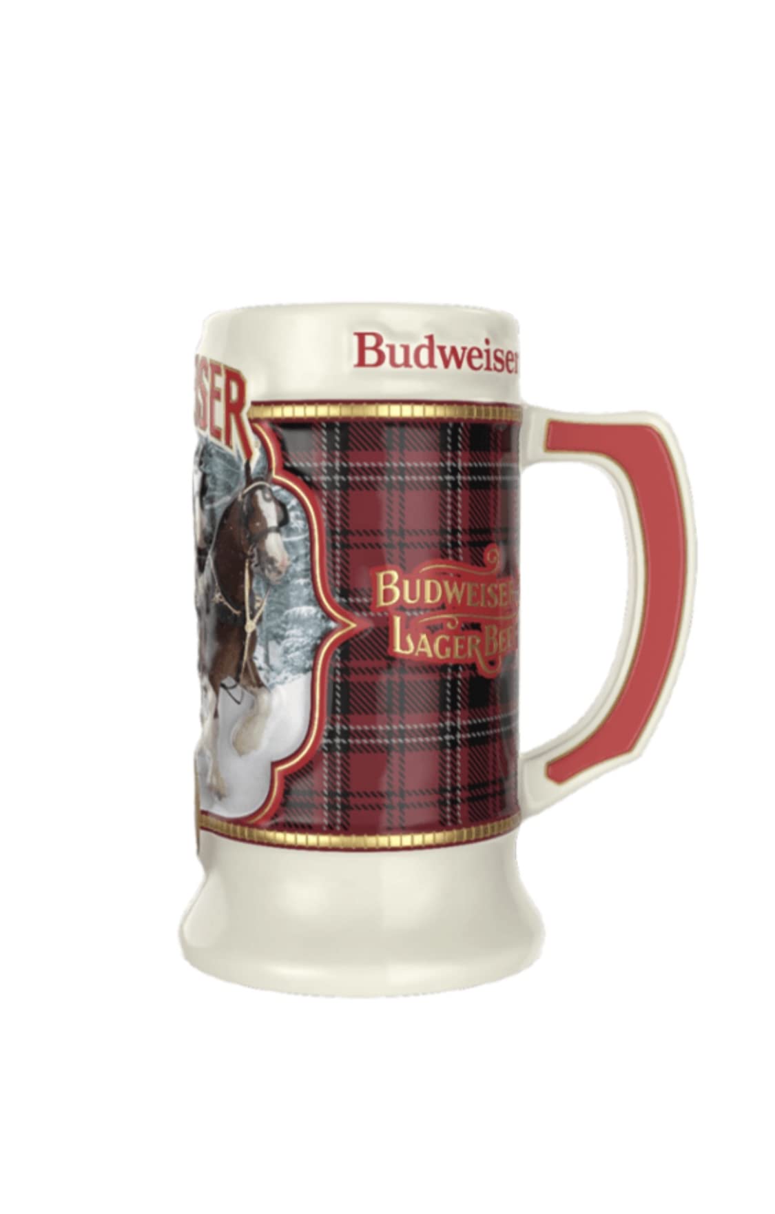 2021 Budweiser Plaid Holiday Christmas Stein,Red,white,black,gold,7inHx3.5inW