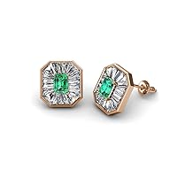 Emerald Cut Emerald Baguette Natural Diamond 1 3/8 ctw Women Milgrain Stud Earrings 14K Gold