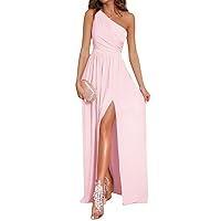 LYANER Women's One Shoulder High Split Sleeveless Ruched Sexy Cocktail Maxi Long Dress