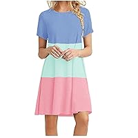 Women's Casual Short Sleeve T-Shirt Dresses Trendy Color Block Summer Dresses Loose Swing Flowy Beach Dress Vacation Outfit