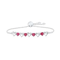 DGOLD 925 Sterling Silver White Round Diamond & Heart Red Ruby Heart Adjustable Bolo Bracelet