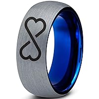 Infinity Heart Shaped Emoji Art Ring - Tungsten Band 8mm - Men - Women - 18k Rose Gold Step Bevel Edge - Yellow - Grey - Blue - Black - Brushed - Polished - Wedding - Gift Dome Flat Cut