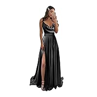 POMUYOO Women's Spaghetti Straps Bridesmaid Dresses with Pockets Satin Long Formal Prom Ball Gowns with Slit YG182