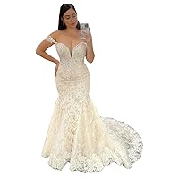Women's Lace Corset Mermaid Bridal Ball Gowns Train Off The Shoulder Wedding Dresses for Bride 2021