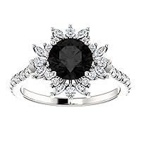 1 CT Dahlia Black Diamond Engagement Ring, Halo Floral Black Diamond Ring, Flower Black Onyx Ring, Round Black Moissanite, 10K White Gold Ring, Perfact for Gifts or As You Want