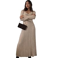 Casual V-Neck Women Knitted Maxi Dress Autumn Ribbed Long Sleeve Bodycon Dress Ladies Streetwear Dresses
