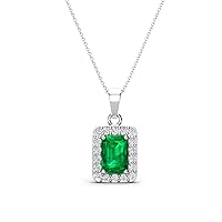 Emerald Cut Emerald Round Diamond 5/8 ctw Womens Halo Pendant Necklace 16 Inches Chain 14K Gold