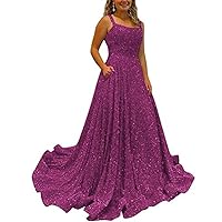 Sparkly Sequin Prom Dresses for Teens 2024 Spaghetti Strap A-Line Formal Evening Party Dress with Pockets