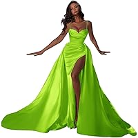 Sweep Train Prom Dresses 2024 with Spaghetti Straps Satin Slit Mermaid Long Ball Gowns Fomal Evening Dresses for Women