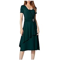 Women's Satin Formal Dress Square Neck Ruffle Hem Midi Bridesmaid Dress for Wedding Guest Cocktail Party