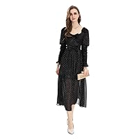 Unique Women Evening Gown Dress Black Polka Dots Mesh Party Long Sleeve Midi Dress