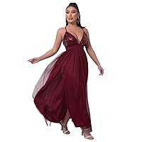 Womens Fall Fashion 2022 Cross Back Plunging Sequin Top Tulle Formal Dress (Color : Burgundy, Size : X-Small)