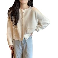 Korean Edition Solid Color Cardigan Women' Pocket Single Breasted Knitted V-Neck