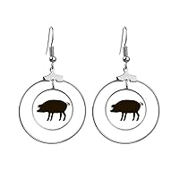 Black Pig Animal Portrayal Earrings Dangle Hoop Jewelry Drop Circle