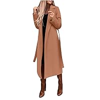 Women's Faux Wool Coat Long Sleeve Pea Coats Trench Coat Casual Open Front Cardigan Jacket Overcoat Outwear with Belt