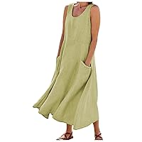 Linen Wrap Dress Linen Dresses for Women 2024 Solid Color Classic Casual Loose Fit with Sleeveless U Collar Pockets Summer Dress Green 5X-Large