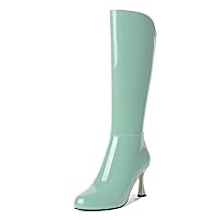 Womens Business Round Toe Patent Cute Solid Zip Stiletto High Heel Mid Calf Boots 3.3 Inch