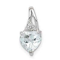 925 Sterling Silver Polished Open back Rhodium Plated Diamond and Aquamarine Love Heart Pendant Necklace Measures 13x6mm Wide Jewelry for Women