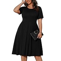 Womens Summer Tops 2023 Short Sleeve Paletead Waist Loose Fit Swing Plus Size Summer Dresses with Pockets