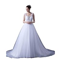 White A Line Tulle Sweep Train Wedding Dress With Beading Embellishment