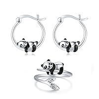 Panda Earrings/Ring 925 Sterling Silver Panda Jewelry Gift Hypoallergenic Earrings for Women Girls Panda Lover