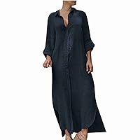 Women Plus Size Long Sleeve Cotton Linen Maxi Dresses Buttons Down Collared Split Long Dress Loose Casual Shirt Dress