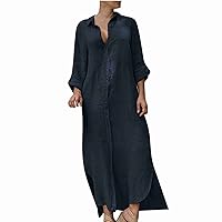 Plus Size Women 3/4 Sleeve Cotton Linen Button Up Shirt Dress Summer Split Side High Waist Casual Loose Kaftan Dress