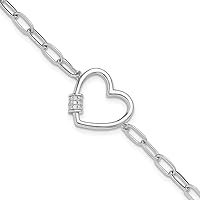 925 Sterling Silver Rhodium Plated With CZ Cubic Zirconia Simulated Diamond Love Heart Paperclip Link Bracelet 7.5 Inch Jewelry for Women