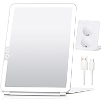 Large Travel Makeup Mirror with Lights and Magnifier 5X 3X, 1800mAh Lighted Makeup Mirror Gift for Wife Girlfriend Daughter Folding Portable Travel Mirror with 3 Colors Light, White