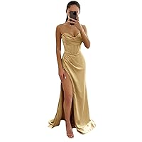 Women's Halter Slit Satin Prom Dresses 2023 Long Bridesmaid Dress Ruched Formal Evening Party Gown