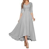 Lace Applique Mother of The Bride Dresses 3/4 Sleeves V-Neck Tea Length Chiffon Formal Wedding Party Gowns with Pockets