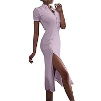 Wrap Dresses for Women 2024, Women's Sexy Dress with Buttoned Collar Slit Dinner Date Night, S XL