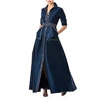 Women Elegant Denim Dress Down Collar Button A-Line Lady Casual Shirt Autumn Spring Pockets Long