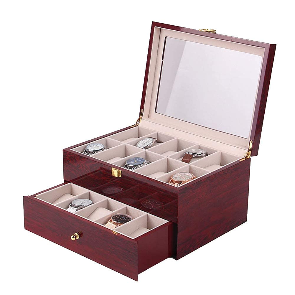 Fosinz 20 Slots Wooden Case Watch Display Box for Men Women Glass Top Collection Box Jewelry Storage Organizer Holder Storage Gifts (11.02