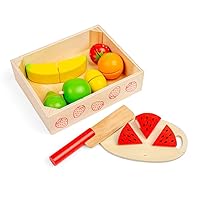 Bigjigs Toys Cutting Fruits Crate - 7 Piece Fruit with Velcro Fastenings, 1 Wooden Knife, 1 Chopping Board, Children’s Kitchen Accessories for Role Play, Baby & Toddler Gifts, 18 Months +