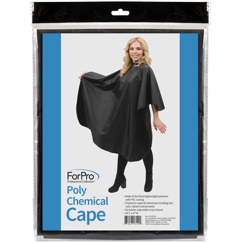 ForPro Poly Chemical Cape, Professional Hair Salon Styling Cape with Adjustable Snap Closure, Black, 58” L x 47” W