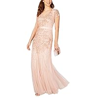 Adrianna Papell Blush Long Beaded Dress With Cap Sleeves (6)