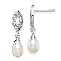 925 Sterling Silver Dangle Polished Rhodium Plated Diamond and Freshwater Cultured Pearl Post Earrings Measures 21x6mm Jewelry for Women