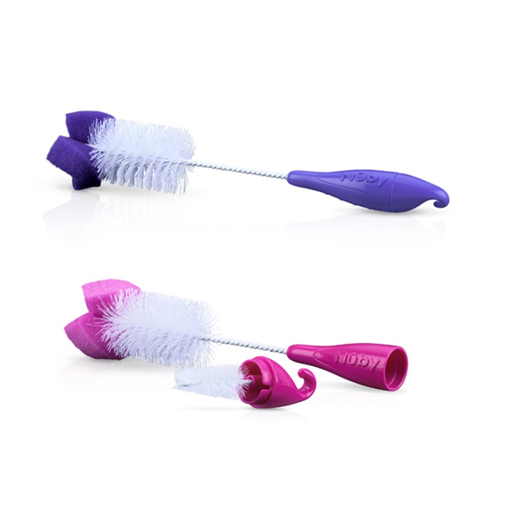 Nuby 2-Pack Bottle and Nipple Brush with Sponge Tip, Colors May Vary