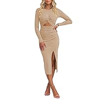 Pink Queen Women's Crew Neck Long Sleeve Midi Dress Cutout Twist Front Bodycon Slit Pencil Ribbed Knit Dresses