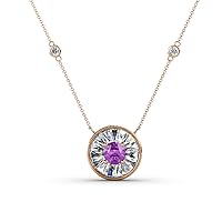 Round Amethyst Baguette & Natural Diamond 1/2 ctw Women Milgrain Halo Pendant Necklace Natural Diamond Station. Included 17 Inches Chain 14K Gold