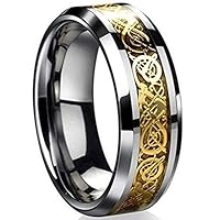 8mm Tungsten Carbide Ring Silvering Celtic Dragon Blue Carbon Fibre Inlay Wedding Band Size 6-13 (8, Gold)
