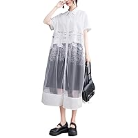 Mesh Patchwork Print Shirt Dresses for Women Short Sleeve Loose Casual Vintage Summer Dress Clothing