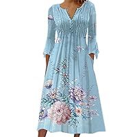 Womens Boho Floral Half Bell Sleeve Maxi Dress Pleated Button Front Summer Flowy Dresses with Pockets
