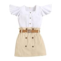 6 Set Kids Toddler Chlidren Girls Autumn Print Button Short Sleeve Ruffle Tops Skirts Set Clothing (White, 1-2 Years)