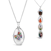 Lily Blanche Women Butterfly Necklace Natural Enamel 18 Carat White Gold Four Photo Oval Charm Locket Designed in Britain Holds 4 Personalised Pictures and Comes in a Ribbon-Tied Gift Box